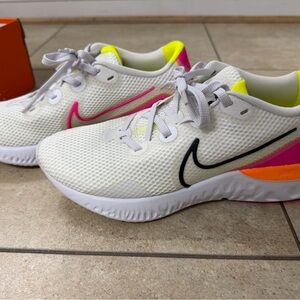 Nike Renew Run White Sneakers with Hot Pink !Neon Orange & Yellow Accents